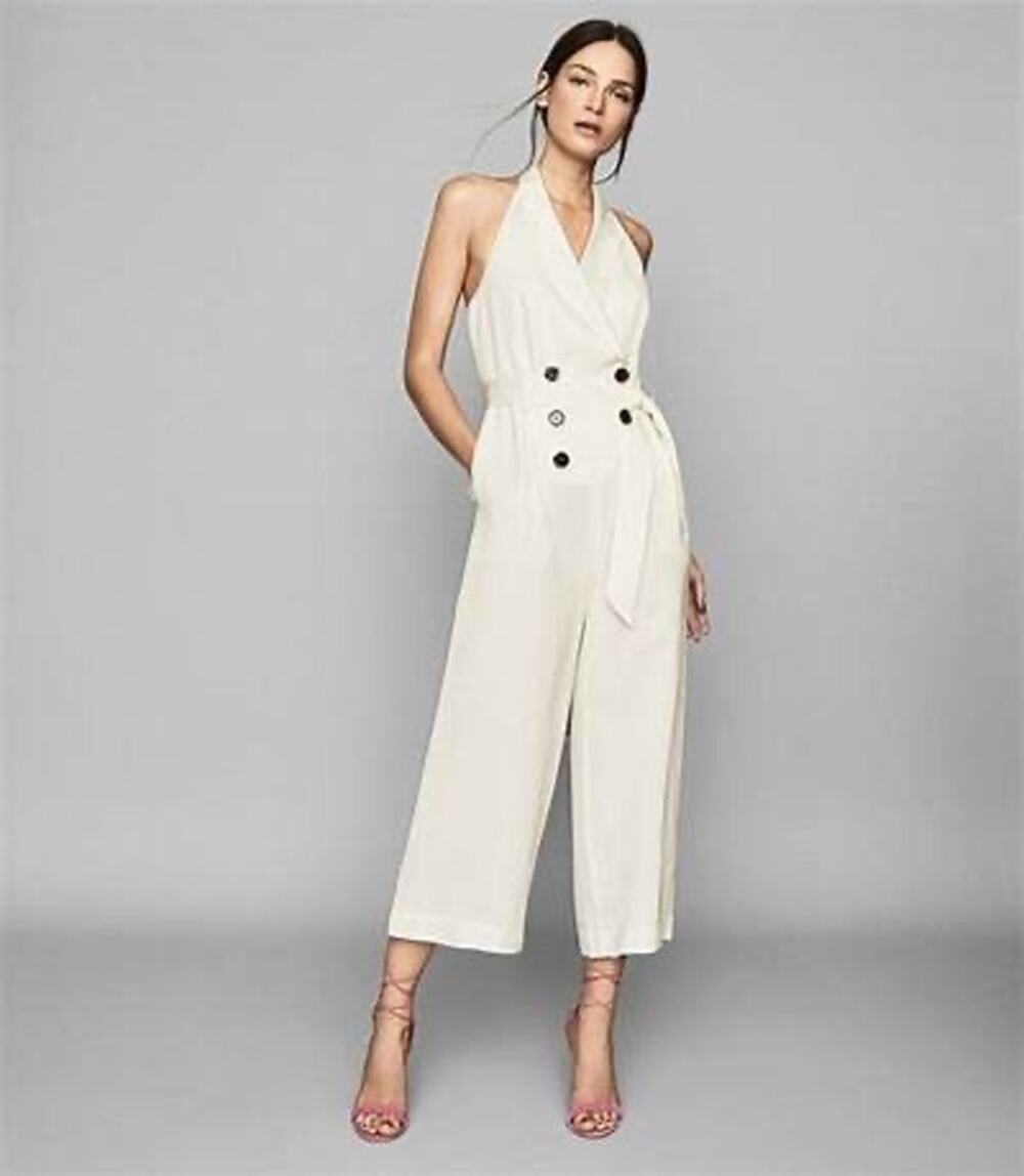 Reiss Giovanna White Sleeveless Halter Double Breasted Wide Leg Jumpsuit Size 2